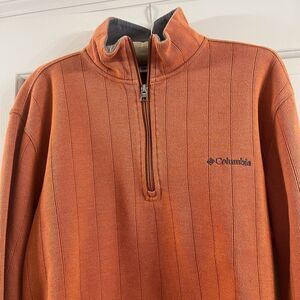 Columbia Men's Large Quarter Zip Knit Sweater Burnt Orange Stripe Warm